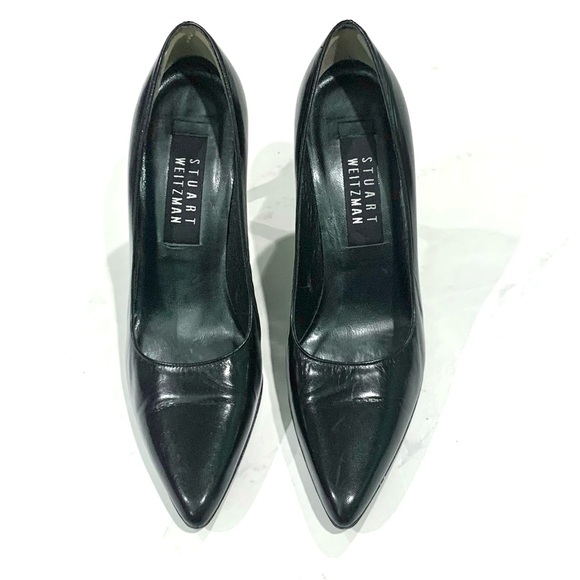 Stuart Weitzman Black Leather Pointed Toe Heels Chain Metal Matchstick Heel - Picture 1 of 5